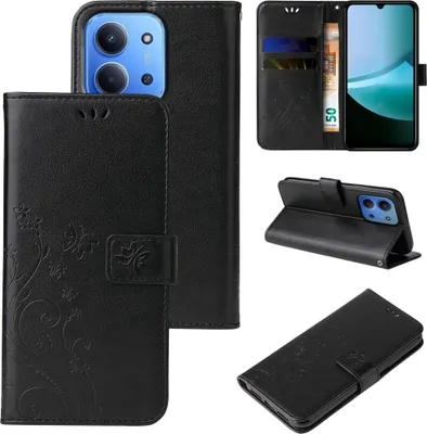 Produktbild von Handyhülle für Xiaomi Redmi 15C Floral Blumen Schmetterling Flip Cover Hülle Case Klapphülle Handytasche Farbe: Schwarz