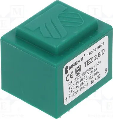 Image de 1 transformateur : puissance apparente 2,6 VA, tension d'entrée 230 VAC, courant d'entrée 217 mA, tensions de sortie 6 V, courants de sortie 217 mA et 6 V, indice de protection IP00, modèle TEZ2.6/D230/6-6V