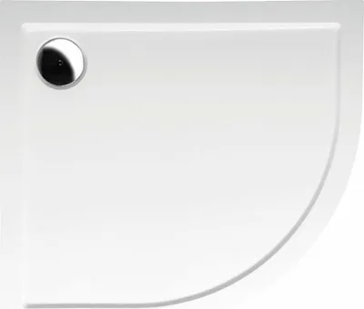 A top-down view of a white shower tray with a drain.