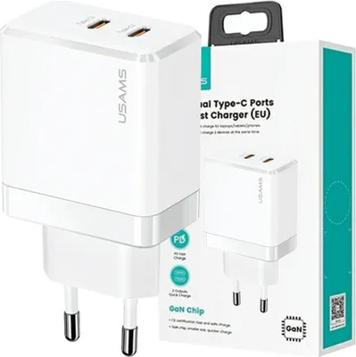 Obrázek produktu pro Usams Lad. Síť. 2Xusb-C T54 Gan 40W (Pouze Hlava) Pd Fast Charging Bílá/Bílá Cc172Tc02 (Us-Cc172)
