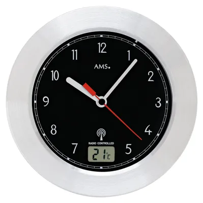 Produktbild von AMS F5919 Funkwanduhr mit digitaler LCD-Anzeige in Aluminiumoptik