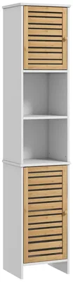Productafbeelding van Badkamerkast - Hoge kast - 2 deuren - Verstelbare legplank - 2 open vakken - Bamboe - 35 x 30 x 170 cm - Wit