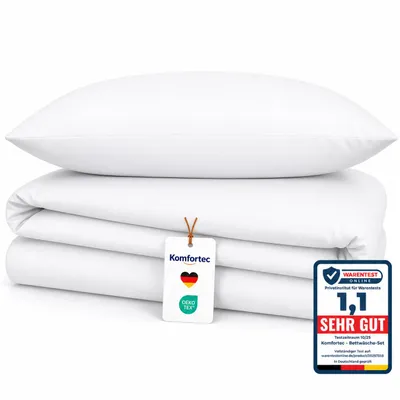 Produktbild von Komfortec Premium Bettwäsche 135x200 cm Bettbezug + 80x80 cm Kissenbezug, gebürstet 100% Polyester-Mikrofaser 120 g/m², 2teiliges Superweiches Bettwäsche-Set, Weiß, KI-generiertes Bild