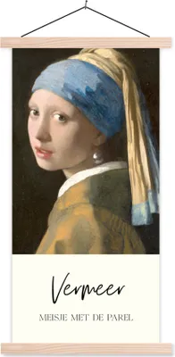 Produktbild von MuchoWow® Textilposter Das Mädchen mit dem Perlenohrring - Vermeer 40x80 cm mit holzfarbenen Rahmen - Wohnzimmer