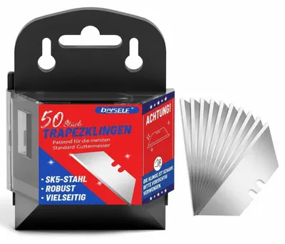 Zdjęcie produktu dla Ostrza trapezowe SK5, 50 sztuk, grubość 0,6 mm, podwójnie szlifowane, opakowanie dozujące do kartonu, dywanów, PVC