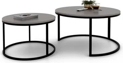 Produktbild von Idohome - Runder Couchtisch 2in1 LAVO mit Metalgestell, 80x48 cm+60x42 cm (Ø x H) Farbe: Schwarz / Kaschmir
