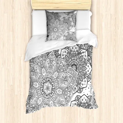 Produktbild von ABAKUHAUS Mandala Mantele, Eastern Floral, Milbensicher Allergiker geeignet mit Kissenbezügen, 135 cm x 200 cm - 80 x 80 cm, Weiß und Grau