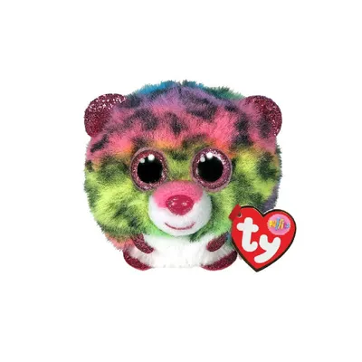 A colorful, round plush toy with large glittery eyes and a pink nose, sitting on a white background. A red heart-shaped tag with the 'ty' logo is attached to its side.