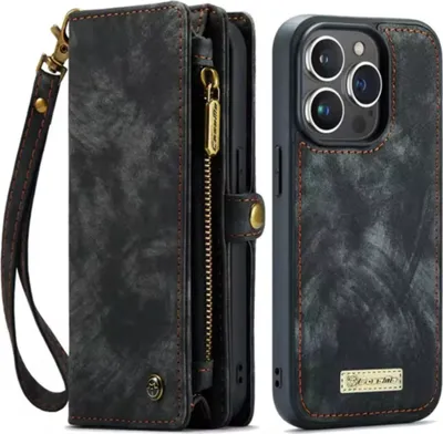 A black leather wallet case for an iPhone 15 Pro Max is shown next to the phone case itself.
