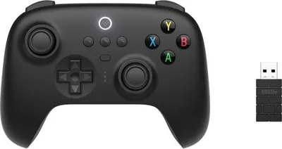 A black wireless game controller and a USB receiver are shown against a white background.