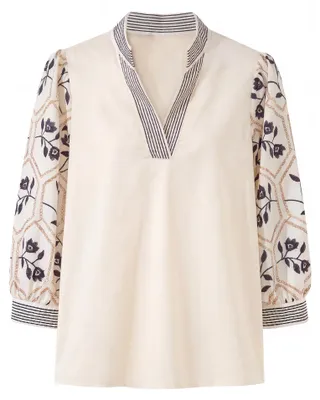 Produktbild von Damen Bluse weiß V-Ausschnitt 3/4-Ärmel Boho-Stil Größe L