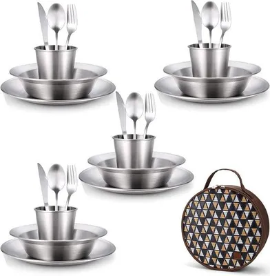 Obrázek produktu pro Uniqoos® Sada outdoorového nádobí, 25 kusů – Kompletní sada z nerezové oceli pro 4 osoby, talíře 21 cm, misky 18 cm, hrnky 350 ml, ideální pro kempování a cestování