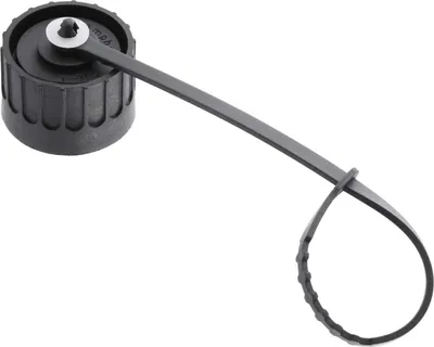 A black cap with a tether and a loop, shown against a white background.