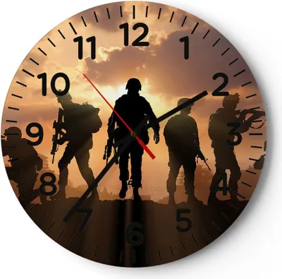 Produktbild von Wanduhr - Rund - Glasuhr - Armee Waffen Sonne Militär - 30x30cm - Schleichendes Uhrwerk - Lautlos - zum Aufhängen bereit - Dekoration Modern - Wanddekoration aus Glas - C4AR30x30-2962