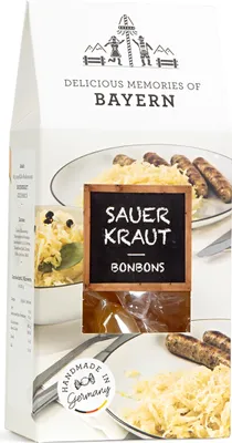 Produktbild von Edel Bonbons mit Sauerkraut Geschmack in einer Giebelbox 80g