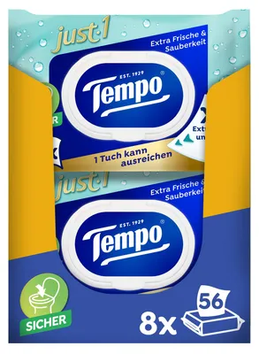 Obrázek produktu pro Vlhčené ubrousky do toalety Tempo Feuchte, řada Just1, prémiová kvalita, extra velké, 56 kusů v balení