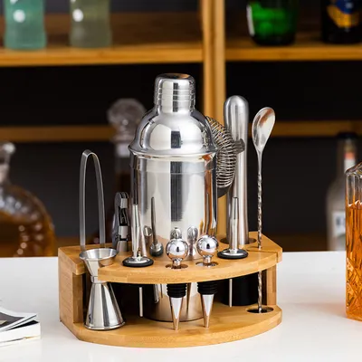 Produktbild von 750 ML cocktail set, 12 stück edelstahl shaker mixer mit Holzständer, professionelle barkeeper zubehör, mit doppel messbecher, löffel, Pourer, bar