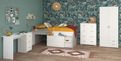 Produktbild von Jugendzimmer-Set >Milky 11< 4-teilig, Bett, Kleiderschrank, Kommode, Schreibtisch, in Weiss / Grey