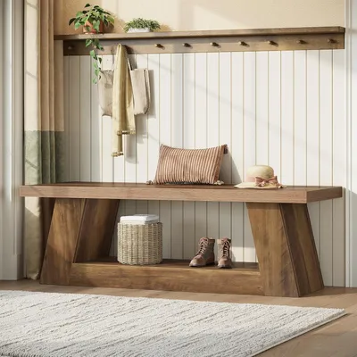 Immagine prodotto di Banco da ingresso in legno, 160 cm, con ripiano portaoggetti, stile rustico, a due livelli, stretto, color marrone