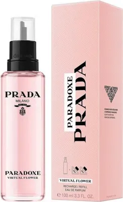 A bottle of Prada Paradoxe Virtual Flower Eau de Parfum and its packaging are shown against a white background.
