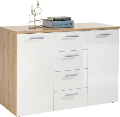 Image de Commode - Blanc brillant -Reproduction chêne d'Artisan - L 120 cm - 2 portes - 4 tiroirs