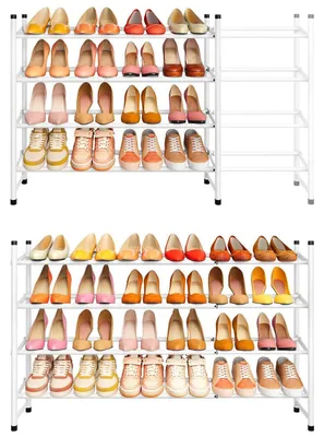 Image de Étagère à chaussures, 4 niveaux, réglable de 74 à 104 cm, empilable, en métal blanc