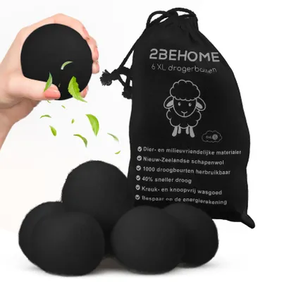 Productafbeelding van 2BEHOME Drogerballen Wol XL - 6 Stuks - 100% Schapenwol - Zwart