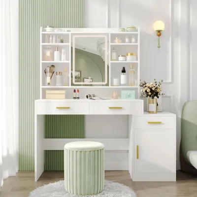 Immagine prodotto di Comò da trucco con specchio, 3 cassetti, 1 armadietto, ripiani aperti, colore bianco, dimensioni 40 x 130 x 149 cm