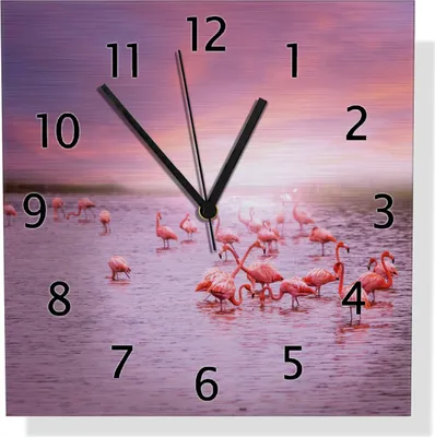 Produktbild von Wallario Design Wanduhr Rosa Flamingos bei Sonnenuntergang aus Aluverbund, Größe 30 x 30 cm