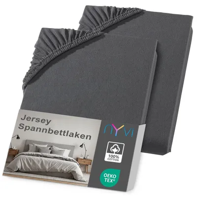 Produktbild von NYVI Jersey Spannbettlaken DreamScience 140x200 - 160x200 cm anthrazit 2er Set für Matratzen bis 22 cm Höhe - Weich & Anschmiegsam, Rundumgummizug, Bügelfrei