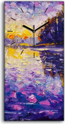 Produktbild von Wohnzimmer-Bild Leinwand Uhr Geräuschlos 30x60 Malerei Fluss Sonnenaufgang Wald - schwarze Hände