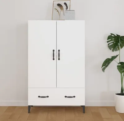 A white highboard with two doors and two drawers, set against a plain wall with a wooden floor. A potted plant is visible to the right.