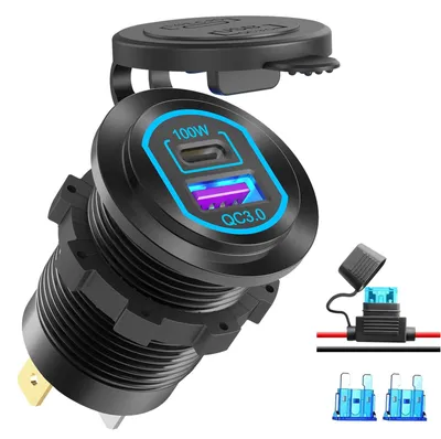 12V USB-C/Autolader 100W PD+QC, Aluminium, versenkte Montage