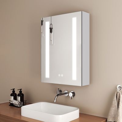 EMKE szafka z lustrem i oświetleniem 145 x 500 x 700 mm Szafka łazienkowa z oświetleniem przeciwmgielnym i dotykowym, 3-kolorowym ściemnianiem i gniazdem LED szafka z lustrem