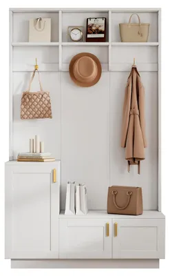 Produktbild von Garderobenset mit Bank, Flurgarderobe mit 3 Haken und Schuhablage, Multifunktionale Aufbewahrungsbank mit Regalen, Garderobenschrank für den Eingangsbereich, Weiß, H200xB120xT40 cm