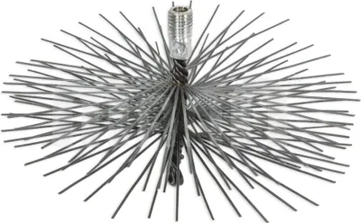 A chimney brush with metal bristles and a threaded metal connector at the top, isolated on a white background.