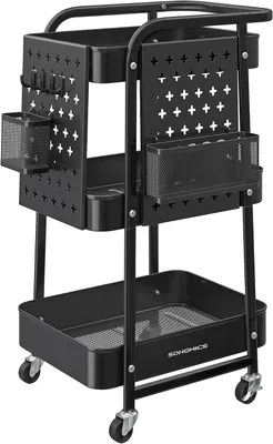 Productafbeelding van Keukentrolley 3 etages - Opbergtrolley van staal - Met hangmandjes en haken - Op wielen