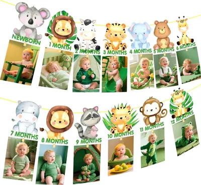 Productafbeelding van Jungle dieren 1e verjaardag decor maanden foto banner safari dieren thema