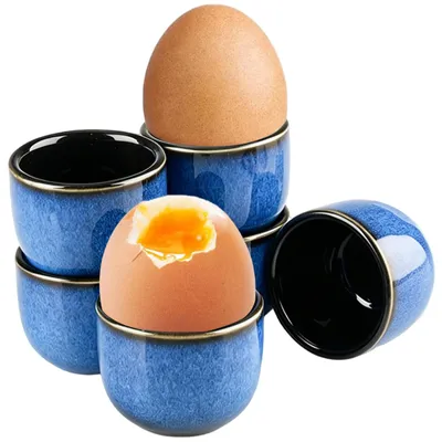 6er-Set blaue Porzellan-Eierbecher, stapelbar, spülmaschinengeeignet