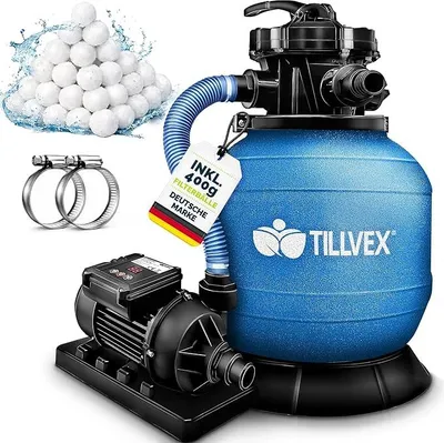 Produktbild von Sandfilteranlage Pool mit Timer 7.900L/h inkl. 400g Filterbälle | Filteranlage 7-Wege Ventil & 2in1 Adapter ?32mm - 38mm | Poolfilter mit Druckanzeige Sandfilter Schwimmbecken (Blau)