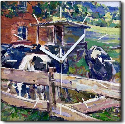Produktbild von Coloray Uhr auf Leinwand 30x30 cm Wand Uhr Dekoration Wohnzimmer Segeltuch weiße Zeiger -Landschaft eines Kuhdorfes