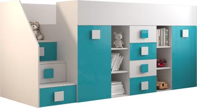 Produktbild von Etagenbett für Kinder Toledo 3 Stockbett mit Treppe, Schreibtisch, Bettkasten (Weiß/Weiß Glanz + Türkis Glanz, Seite: Links)