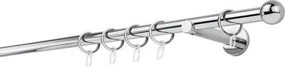 A close-up view of a chrome curtain rod with rings and hooks.