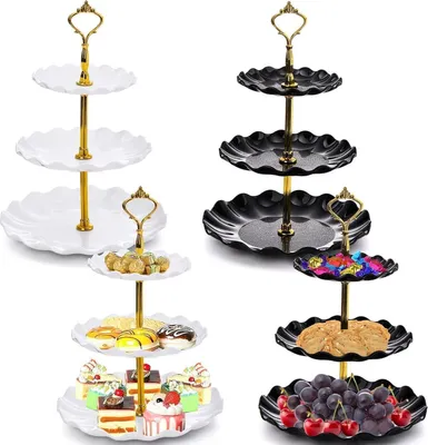 Obrázok produktu pre DEAYOU 4 balenie 3 Tier Cupcake Dessert Stand Set čierna biela 3 úrovne plastové pečivo displej pre stranu svadobné bufet