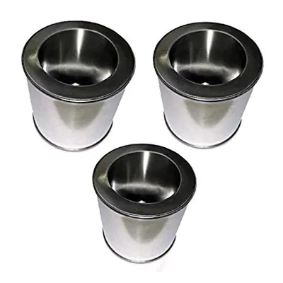 Three silver metal containers are arranged in a triangular formation against a white background.