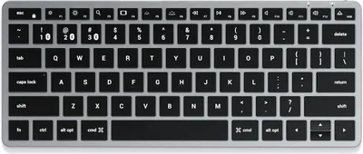 A top-down view of a silver and black keyboard on a white background.
