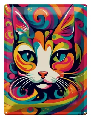 Produktbild von Blechschild Katze, bunt, 30 x 20 cm, Blechschilder Deko Katzen Farbspektakel