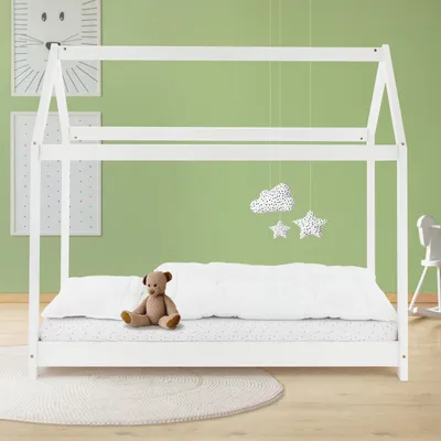 Obrázek produktu pro ML-Design dětská postel 80x160 cm se stříškou a lamelovým roštem, bílá, domeček postel z masivního borovicového dřeva podlahová postel dřevěná postel postel pro mladé postel hrací stan