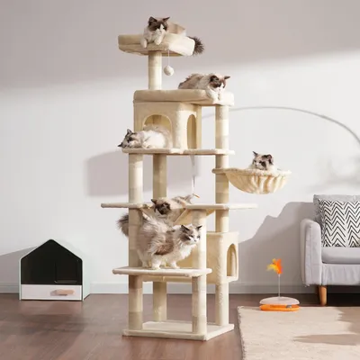 Image de Arbre à gratter pour chat, hauteur 178 cm, 8 poteaux à gratter, 2 cachettes, 2 plateformes, idéal pour les chats d'intérieur