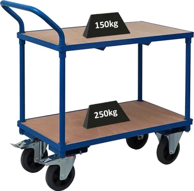 Produktbild von Profi Tischwagen mit 2 Etagen | HxBxT 95x97x50cm | Traglast 400kg | Vollgummibereifung, 2x Lenkrollen mit Feststellbremse & 2x Bockrollen | Lichtblau | Transportwagen Etagenwagen Kommissionierwagen
